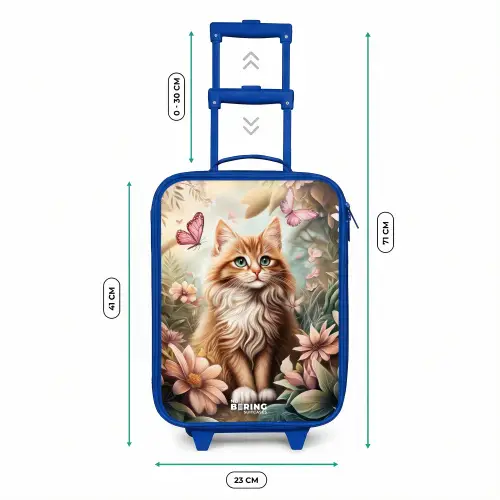 Kat in bloemenveld met roze vlinders. Kinderkoffer - Blauw klein -productfoto_formaten