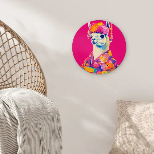 Lama - Kimono - Bloemenkrans - Felroze Wandcirkel plexiglas klein -sfeer5