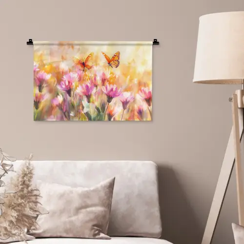Vlinders - Oranje - Bloemen Wandkleed katoen klein -sfeer4