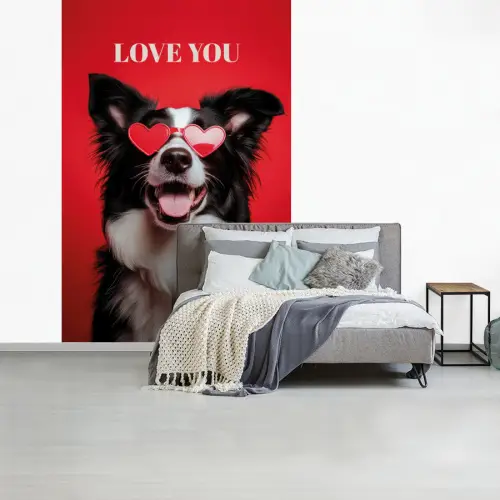 Hond - Hartjesbril - Loveyou - Rood fotobehang vinyl groot -slaapkamer