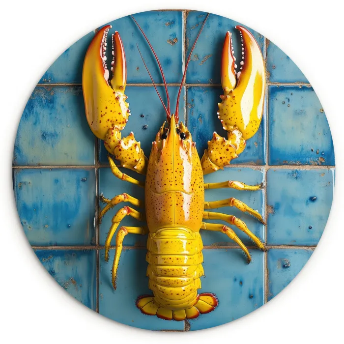 Kreeft - Geel - Blauw - Tegels Wandcirkel kunststof plaat 5mm dik klein -3d