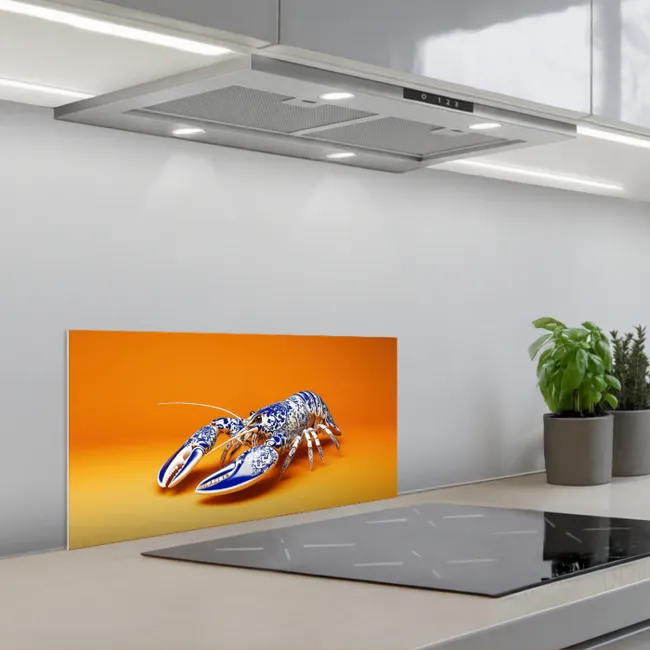 Kreeft - Delftsblauw - Schild - Stoer - Oranje keuken achterwand spatscherm klein -3d_schuin