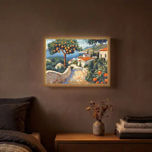 Huizen - Mozaïek - Sinaasappelbomen - Zee Light Box met batterij (Wandlamp) middel -sfeer4