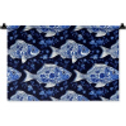 Vissen - Bloemen - Blauw Wandkleed katoen klein 269 -zz3d