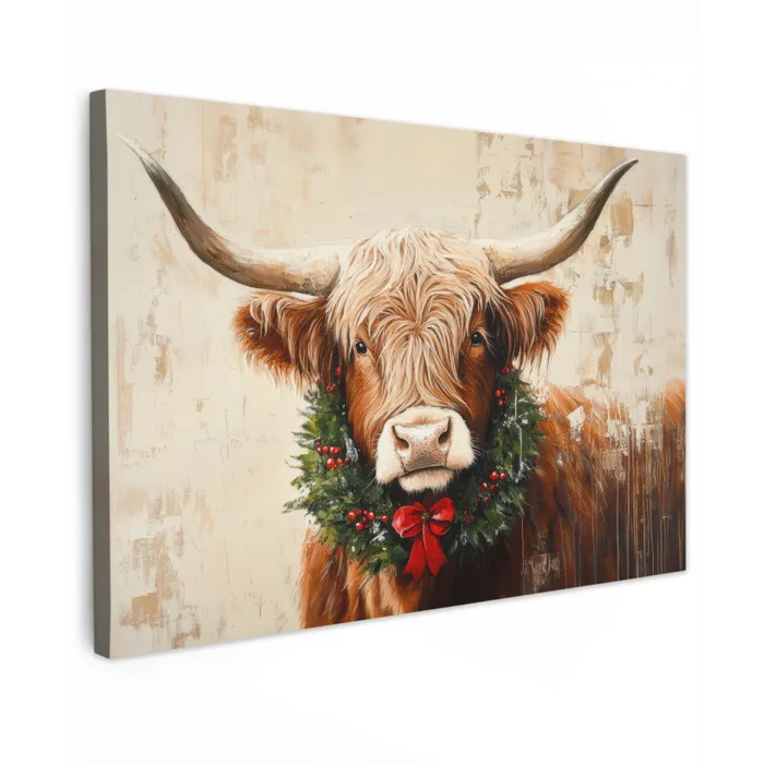 Kerst - Schotse Hooglander - Bruin - Krans Tuinposter op houten frame 2 cm dik klein -3d