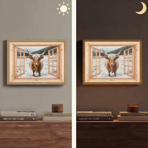 Schotse Hooglander - Landschap - Landelijk - Bergen - Winter - Doorkijk Light Box met batterij (Wandlamp) middel -sfeer3