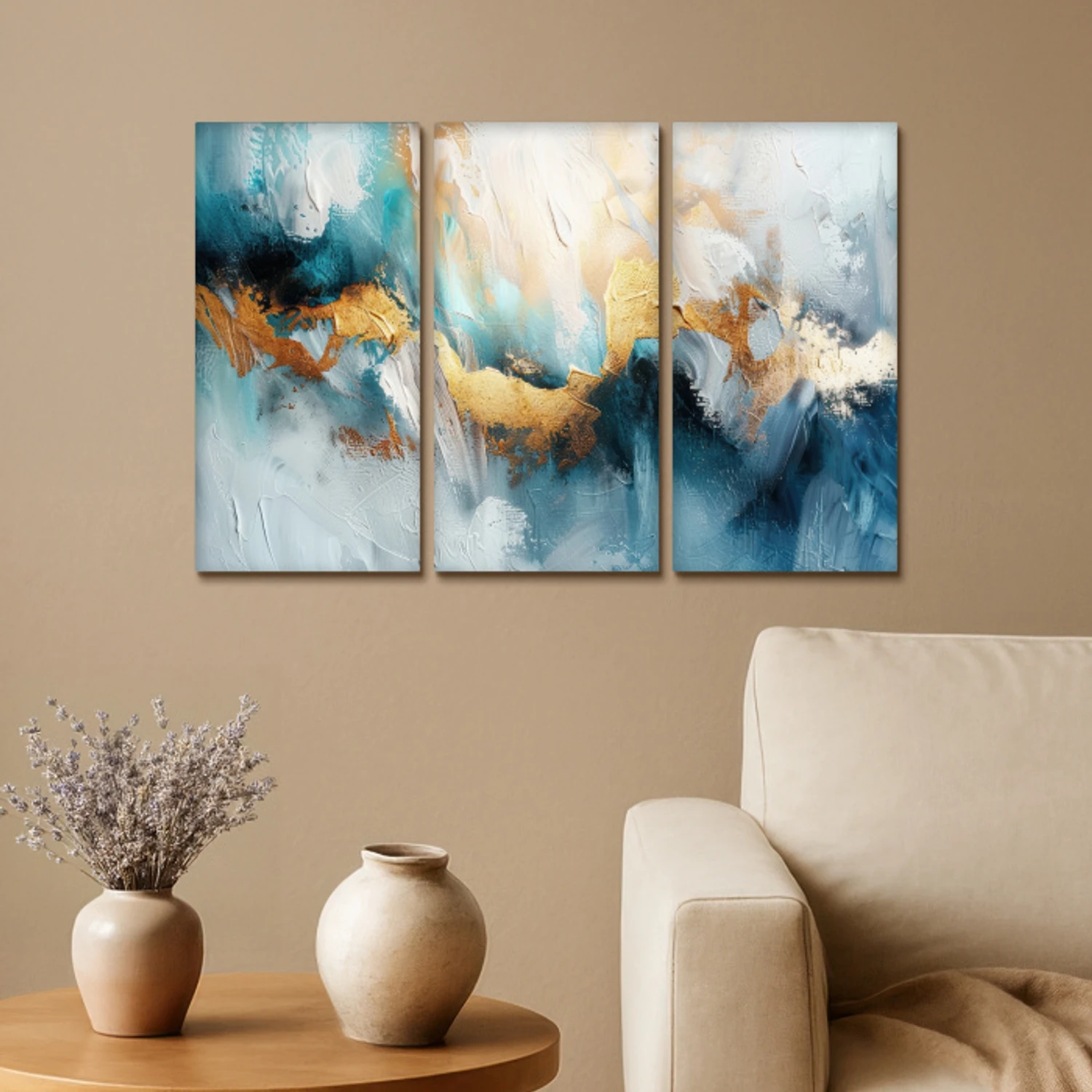 Blauw - Abstract - Wit - Goud - Verf Canvas - Meerluiken 3 luik klein -sfeer1