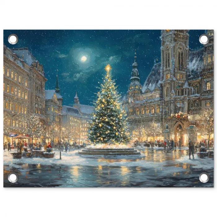 Kerstnacht - Stadsplein - Meerkleurig tuinposter los doek klein -3d