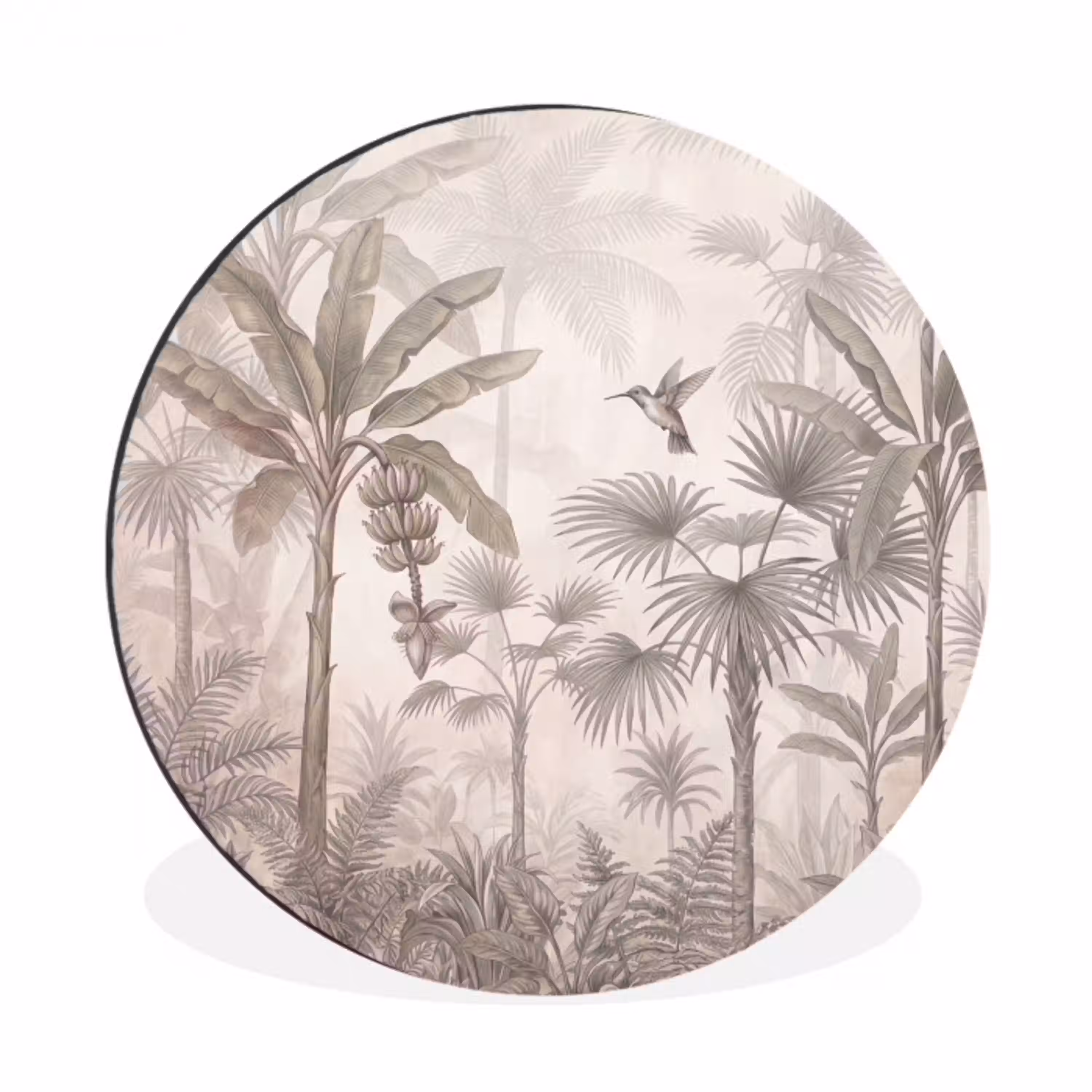 Jungle - Banenboom - Kolibrie - Beige Wandcirkel aluminium klein -3d