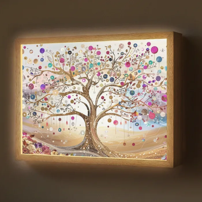 Levensboom - Goud - Kleurrijk - Abstract - Aesthetic Light Box met batterij (Wandlamp) middel -z3d_website