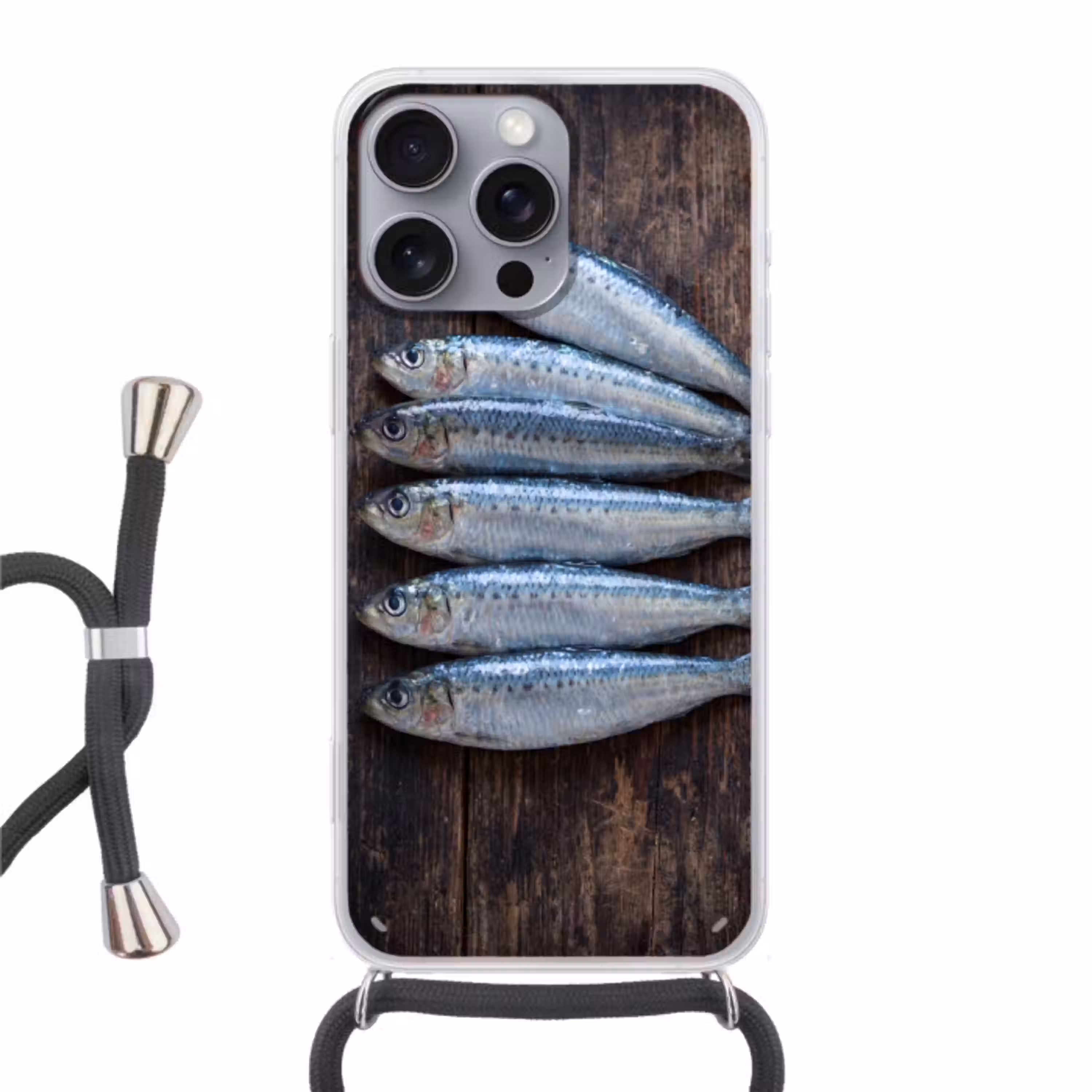 Vis - Hout - Eten Hoesje iPhone 16 Pro Max met koord klein -3d