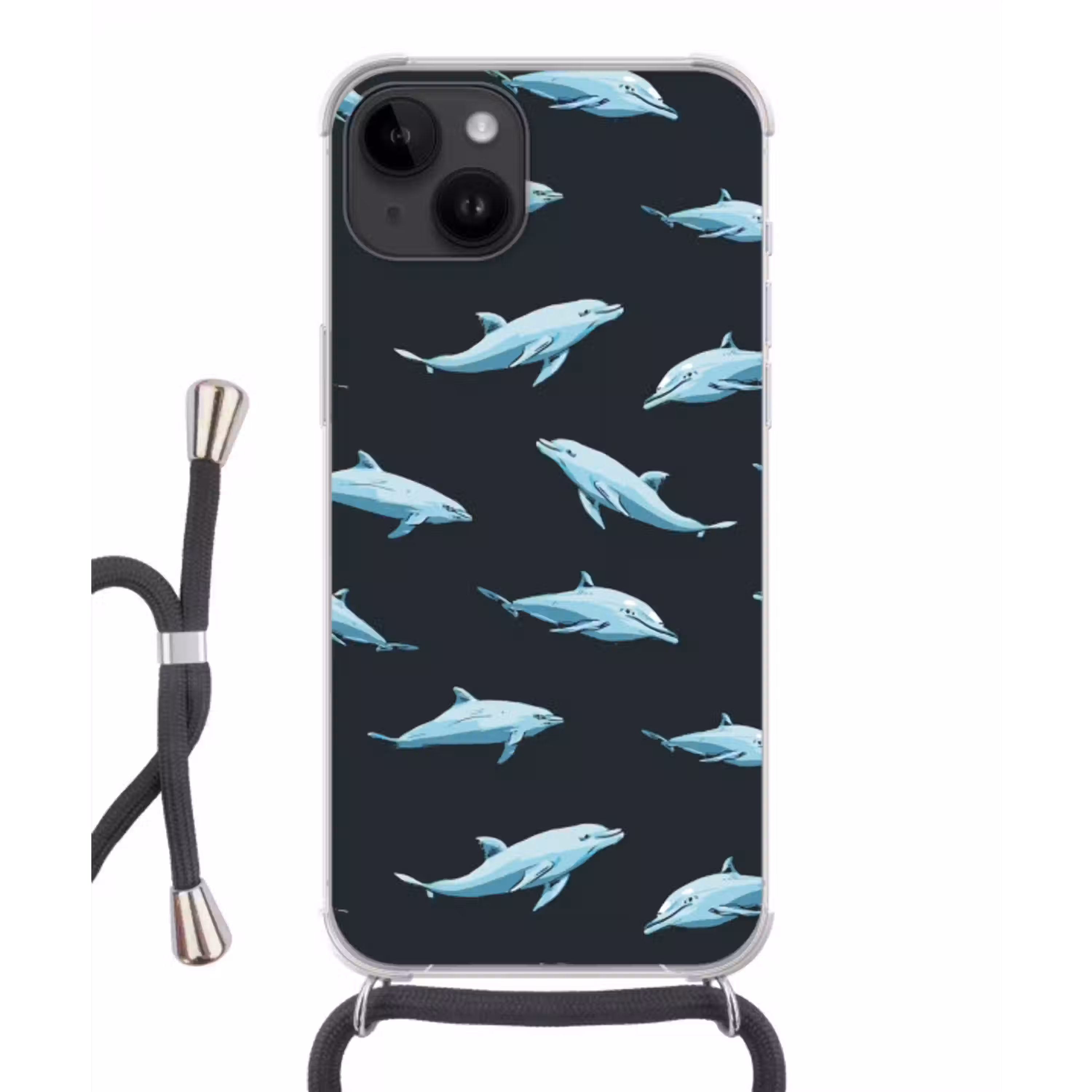 Dolfijnen - Patroon - Blauw - Grijs Crossbody Case iPhone 14 middel -3d