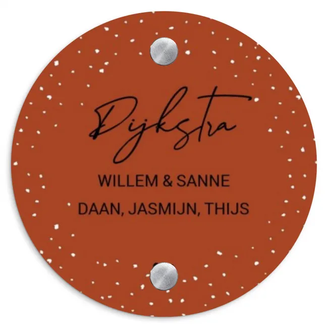 Roestbruin met stippen - Sierlijk Naambord Rond klein -3d