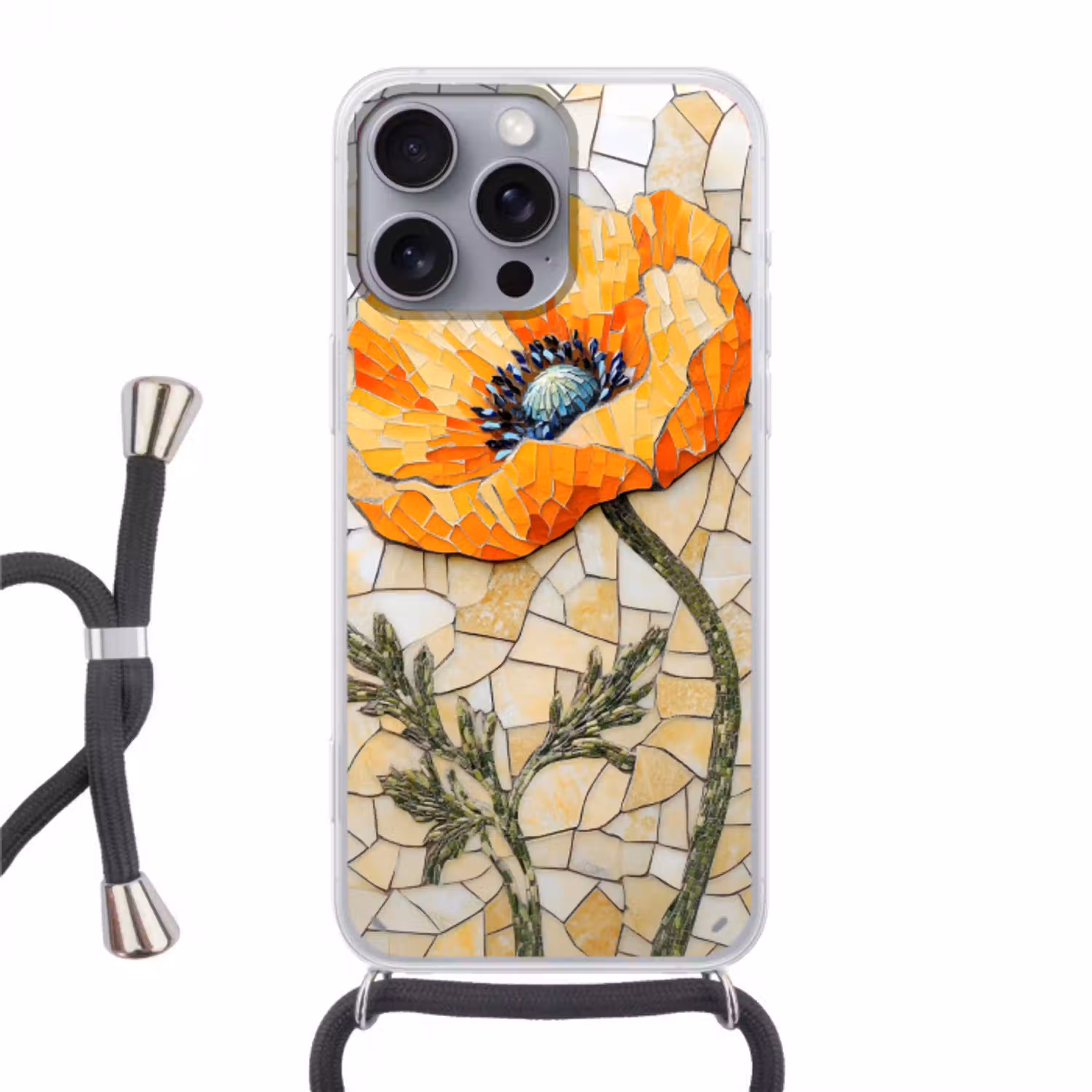 Klaprozen - Oranje - Mozaïek - Bladeren Hoesje iPhone 16 Pro Max met koord klein -3d