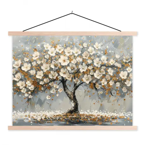 Boom - Bloemen - Wit - Natuur - Kunst textielposter latten blank klein -3d
