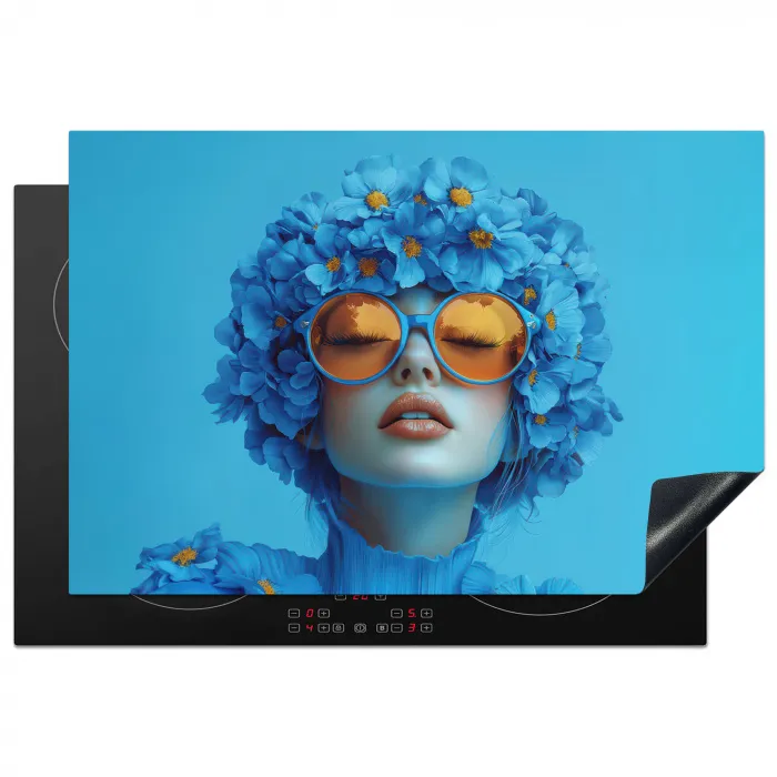 Vrouw - Bloem - Blauw - Modern - Bril - Portret Inductie beschermer vinyl 3mm klein -3d