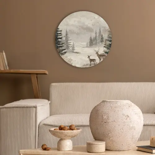 Bos - Herten - Winter - Sneeuw Akoestische PET Vilt - Rond klein -sfeer1