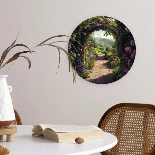 Doorkijk - Landschap - Bloemen - Rozenboog - Natuur Wandcirkel kunststof plaat 5mm dik klein -sfeer4