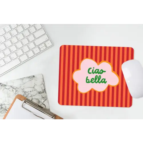 Ciao bella - Tekstwolk - Strepen - Oranje muismat rubber klein -witbureau