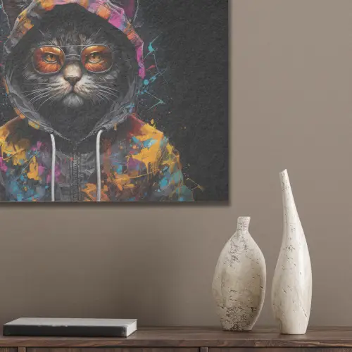 Kat - Jas - Graffiti - Bril - Zwart PET vilt klein -sfeer6_closeup