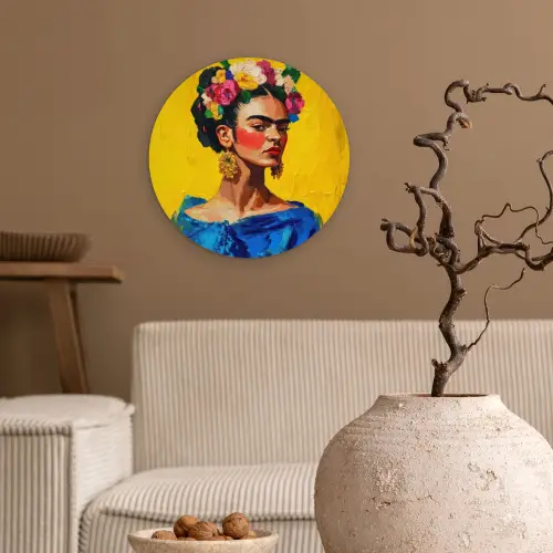 Frida Kahlo - Vrouw - Geel - Blauw - Bloemen Wandcirkel kunststof plaat 5mm dik klein -sfeer1