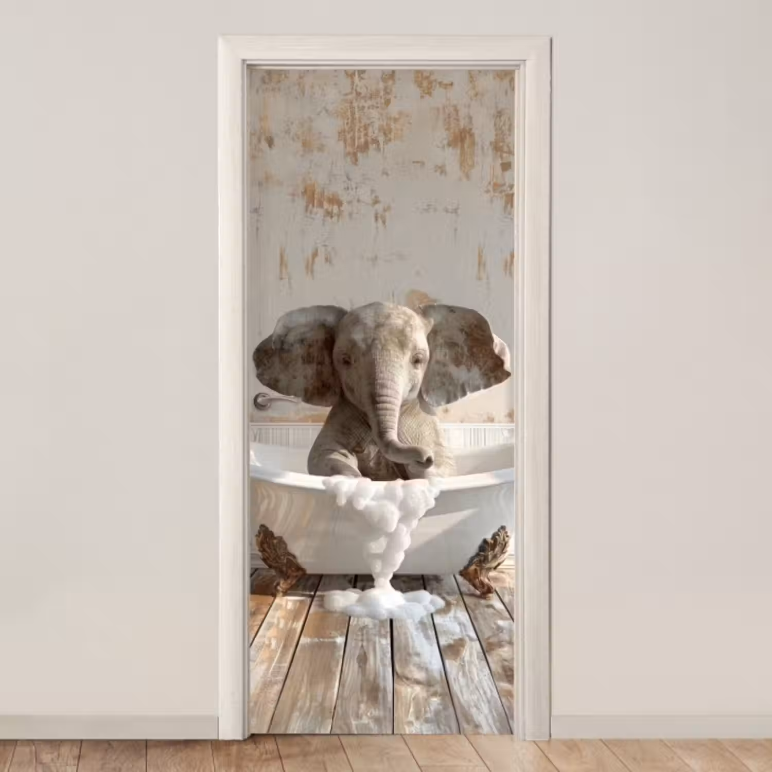 Deursticker - Vintage - Olifant - Badkuip - Schuim - Wilde dieren