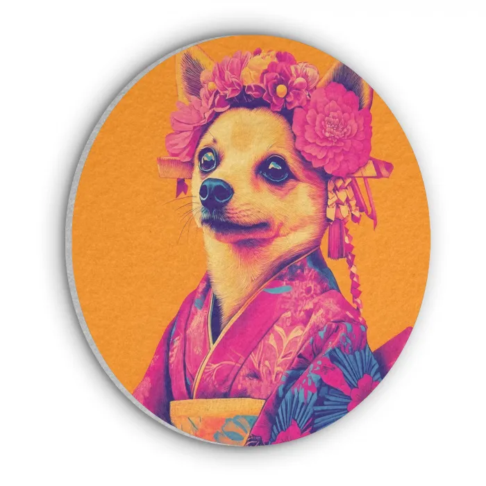 Kimono - Hondje - Bloemenkroon - Oranje Akoestische PET Vilt - Rond klein -3d