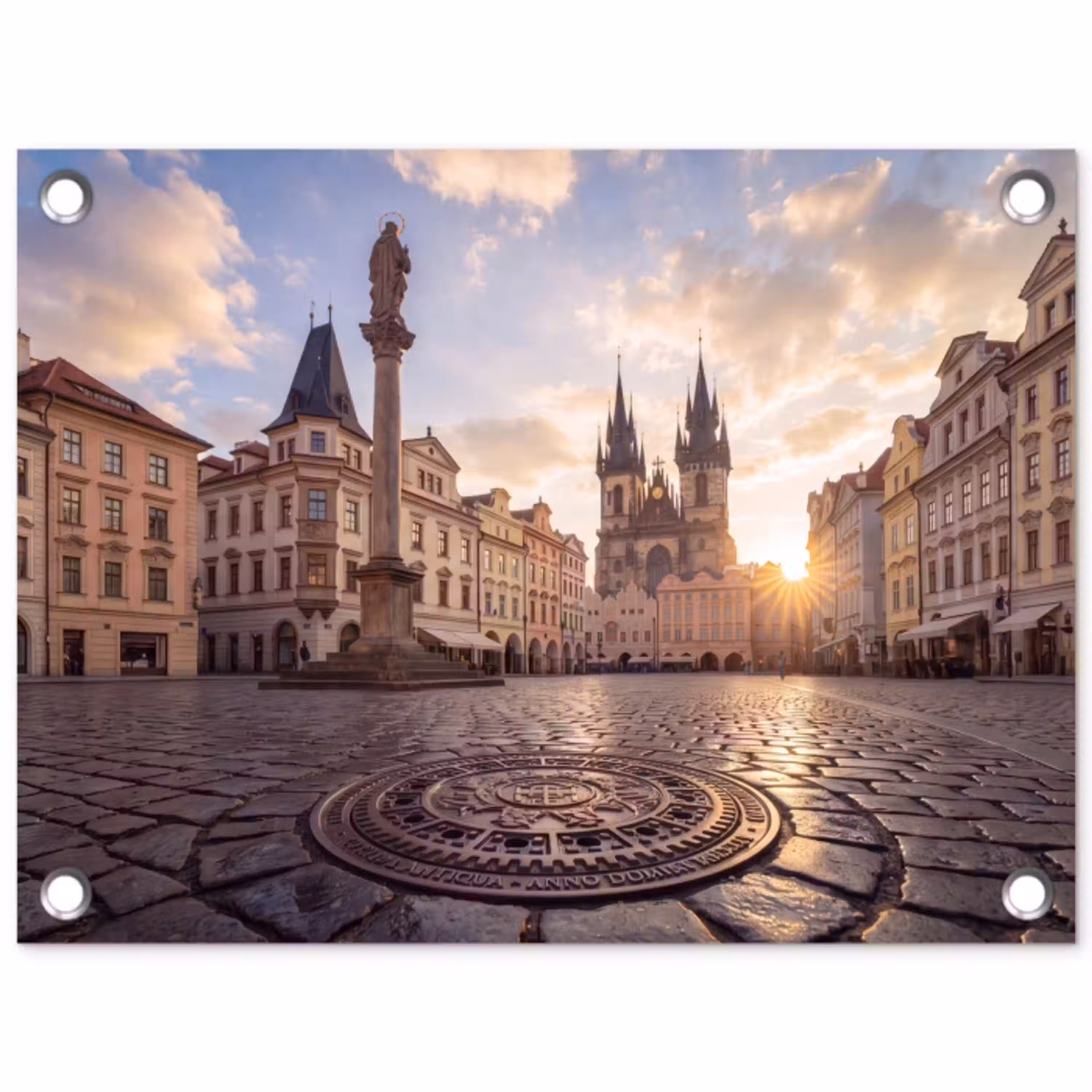 Stad - Praag - Ochtend - Architectuur - Goud tuinposter los doek klein -3d