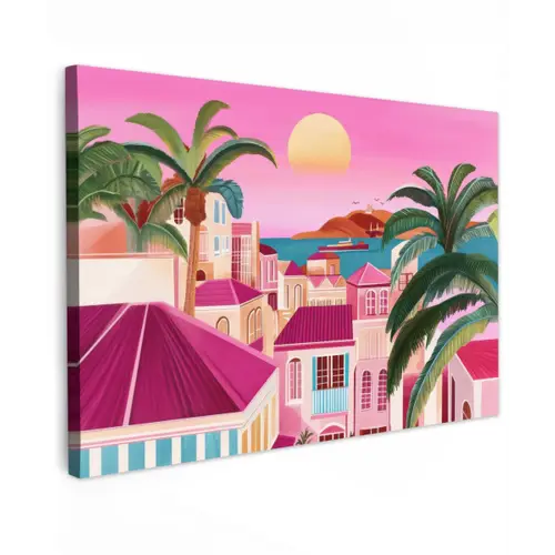 Stad - Roze - Palmbomen canvas 2cm klein -z3d