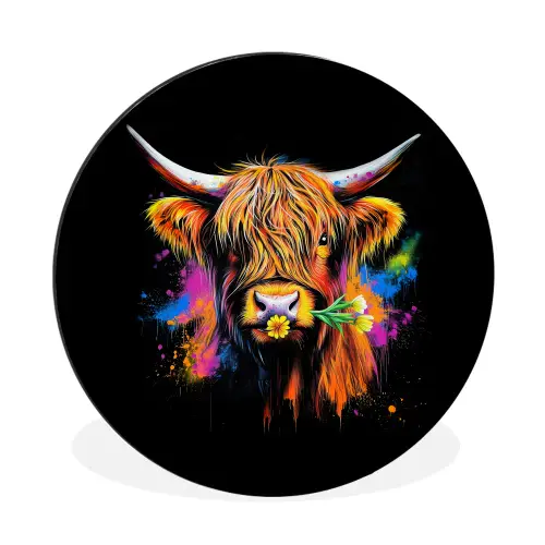 Schotse Hooglander - Graffiti - Kleurrijk - Bloem - Dieren Wandcirkel aluminium klein -3d