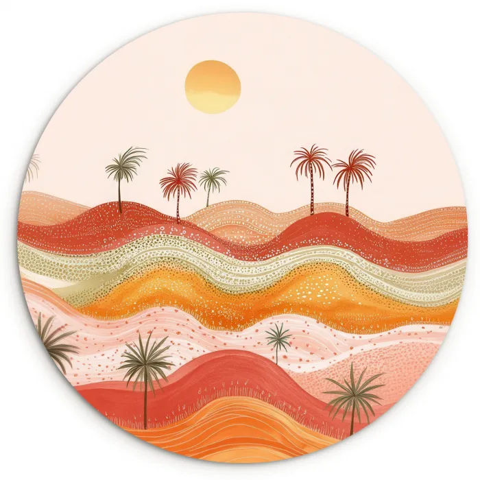 Abstract landschap - Palmbomen - Kleurrijk Wandcirkel kunststof plaat 5mm dik klein -3d
