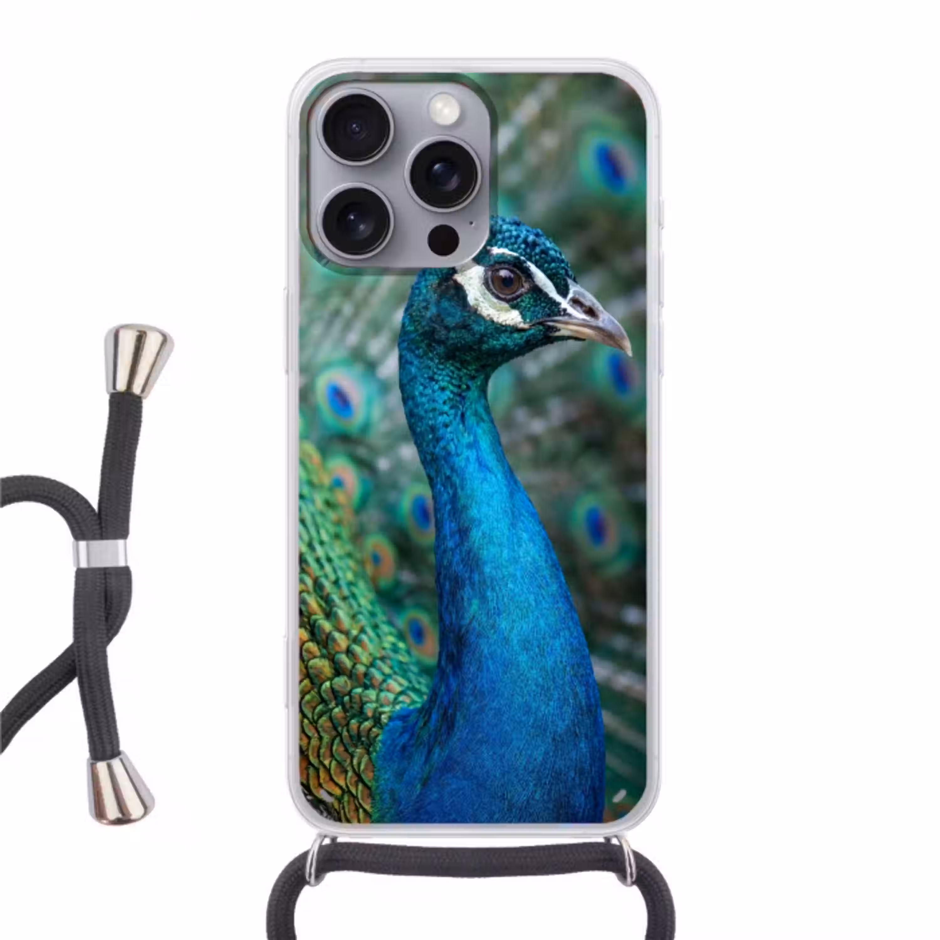 Pauw - Veren - Blauw Hoesje iPhone 16 Pro Max met koord klein -3d