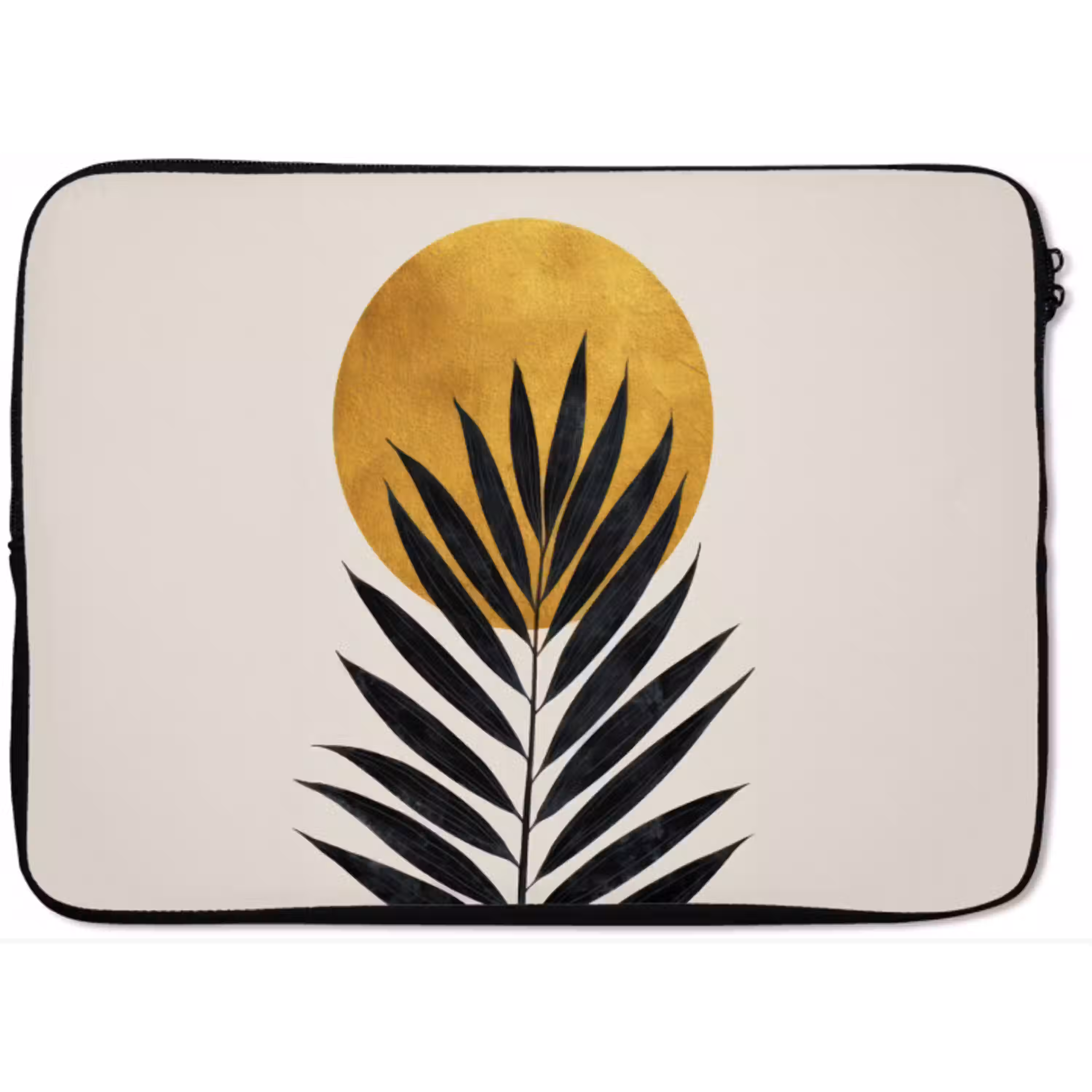 Zwart palmblad - Gouden cirkel - Beige achtergrond laptophoes neopreen klein -zkaufland3dotto