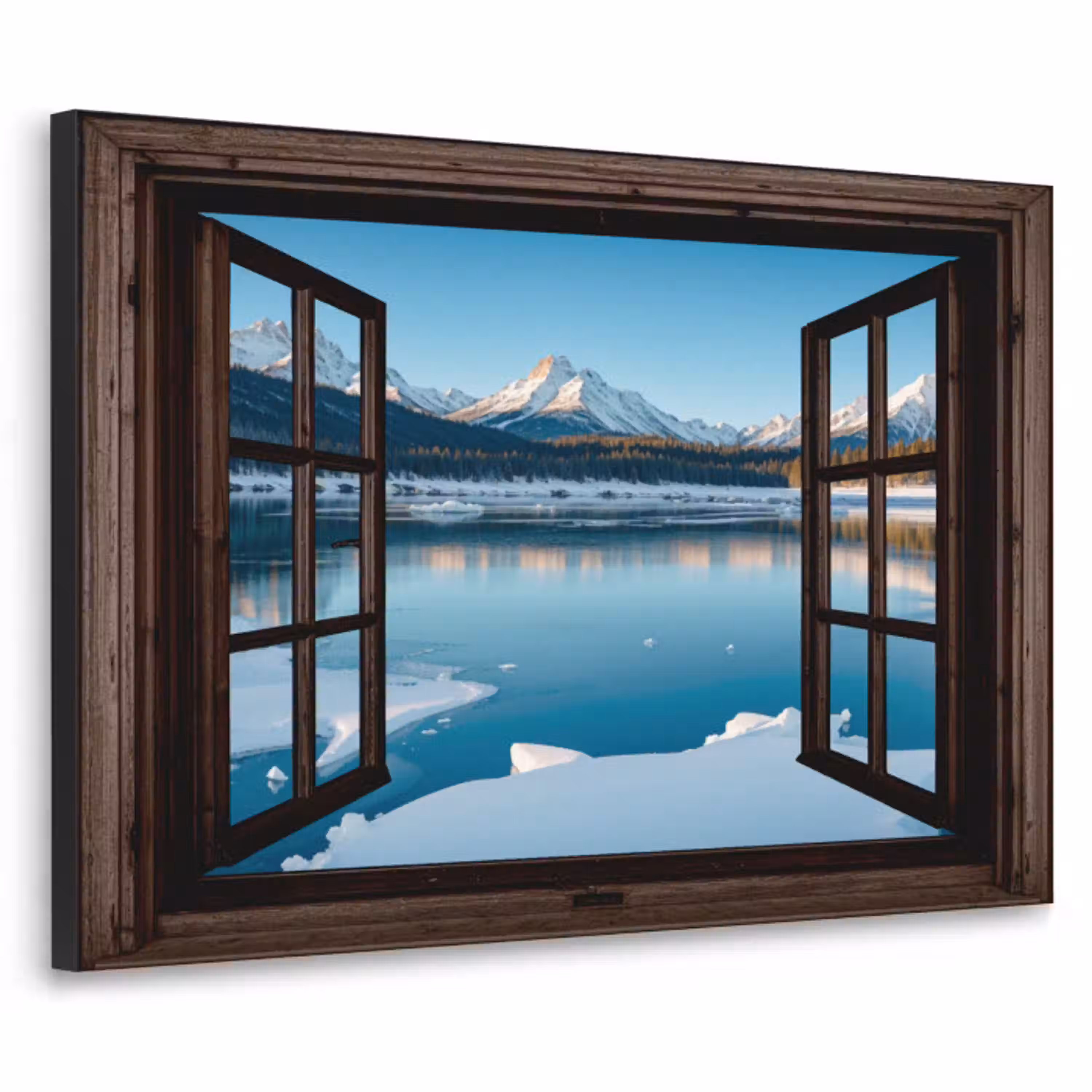 Doorkijk - Winterlandschap - Meer - Bergen - Uitzicht Textielframe zwart klein -3d