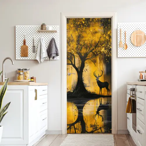 Boom - Verflook - Hert - Natuur - Goud deurposter klein -sfeer5