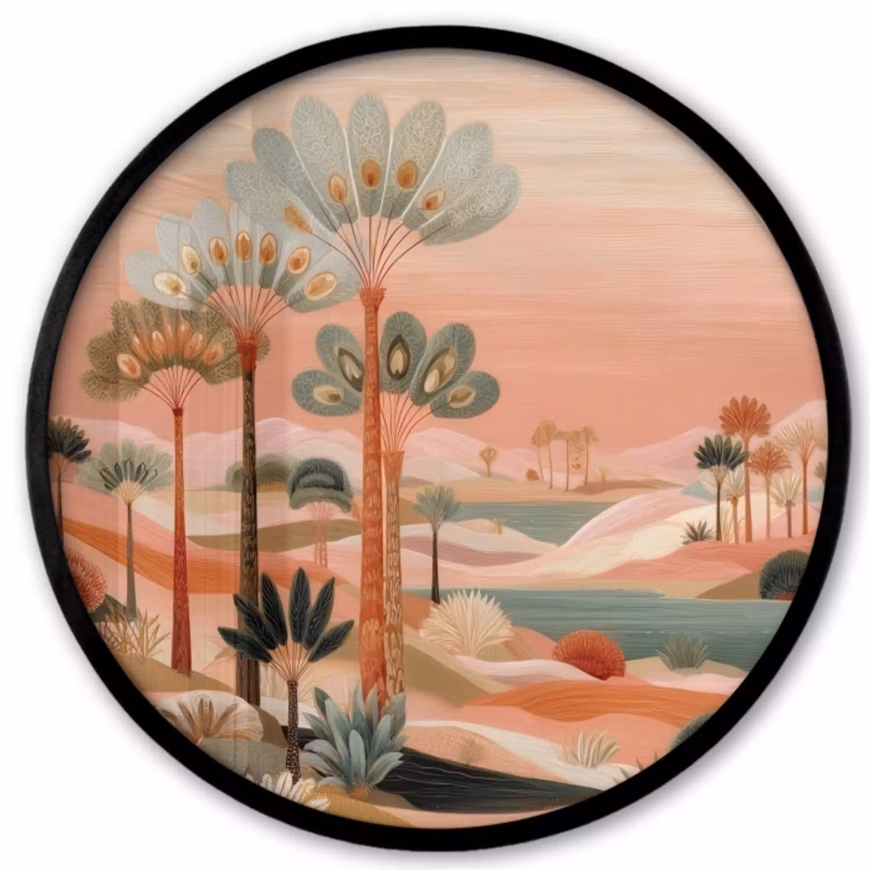 Roze landschap - Palmen - Water Fotolijst rond zonder passe partout klein -3d