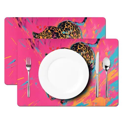 Luipaard - Roze - Oranje - Blauw - Verf Placemat vinyl groot -zzsfeer2_Kitchenyeah-website