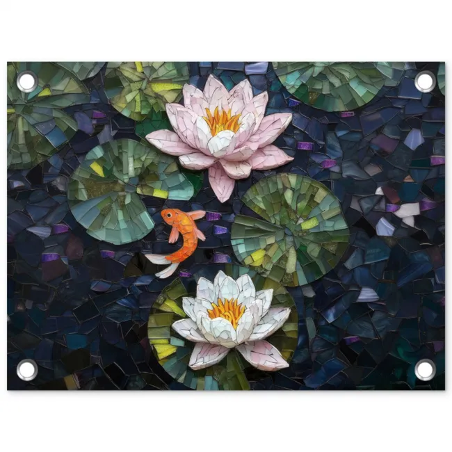 Glasstukjes - Leliebladeren - Vis - Oranje tuinposter los doek klein -3d