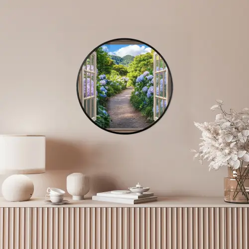 Doorkijk - Hortensia - Pad - Natuur Fotolijst rond zonder passe partout klein -sfeer3