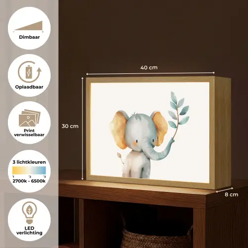 Olifant - Dier - Pastel kleuren Light Box met batterij (Wandlamp kind) middel -USP_websiteoverzichtNL