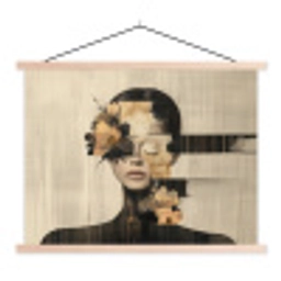 Gezicht - Bloemen - Zwart - Vrouw textielposter latten blank klein -3d