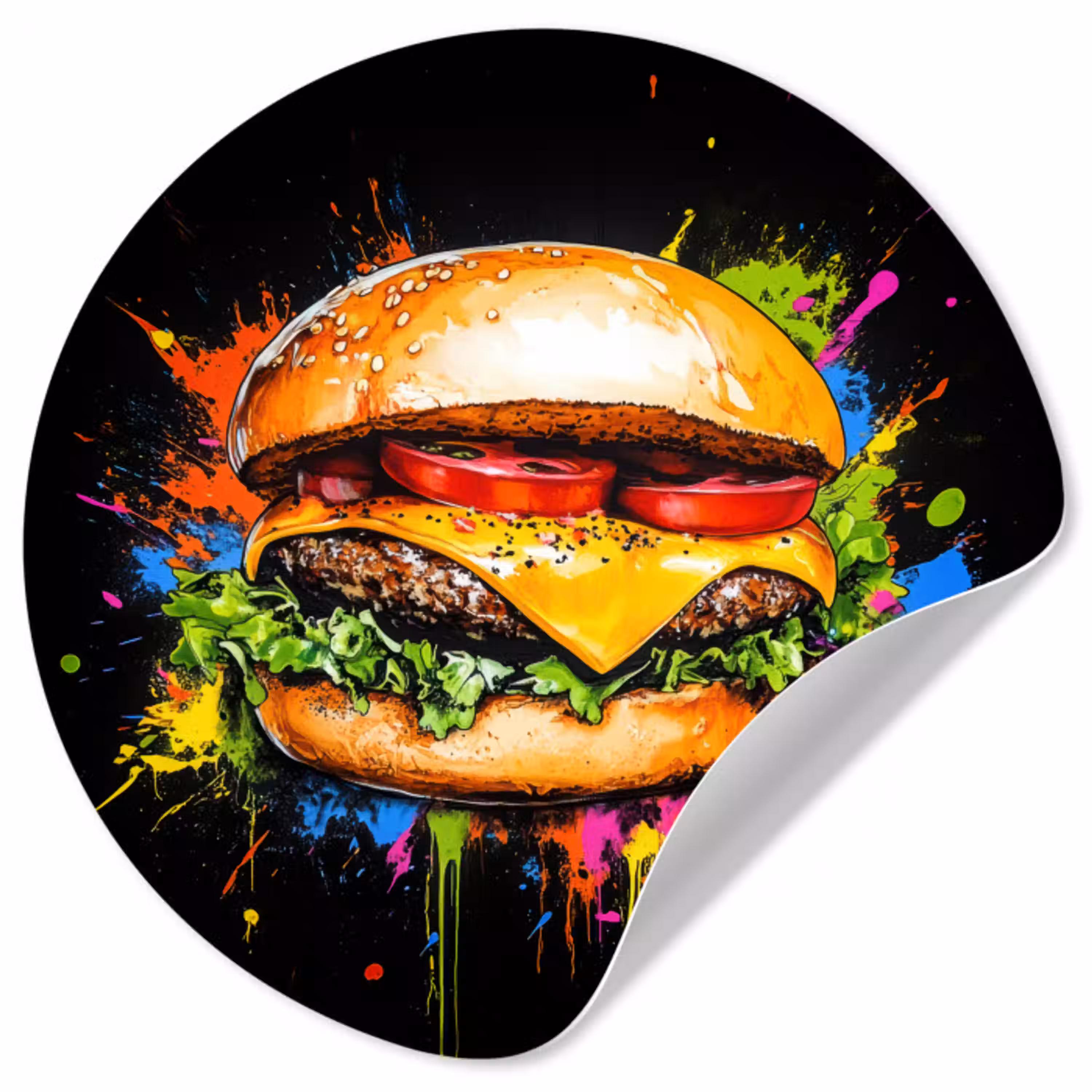 Hamburger - Graffiti - Verf - Kleurrijk - Eten - Abstract Wandcirkel behangsticker klein -3d