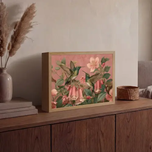Kolibries - Bloemen - Groen - Roze Light Box met batterij (Wandlamp) middel -sfeer2