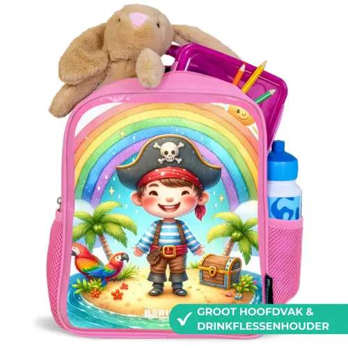 Piraat op een eiland met een schat Kinderrugzak - Roze middel -inhoud_NL