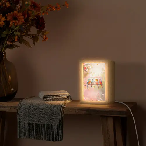 Vogels - Tak - Quote - Roze Light Box met kabel (Tafellamp) klein -sfeer4