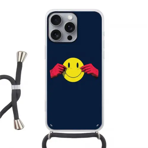 Smiley - Geel - Handen - Minimalistisch Hoesje iPhone 16 Pro Max met koord klein -3d