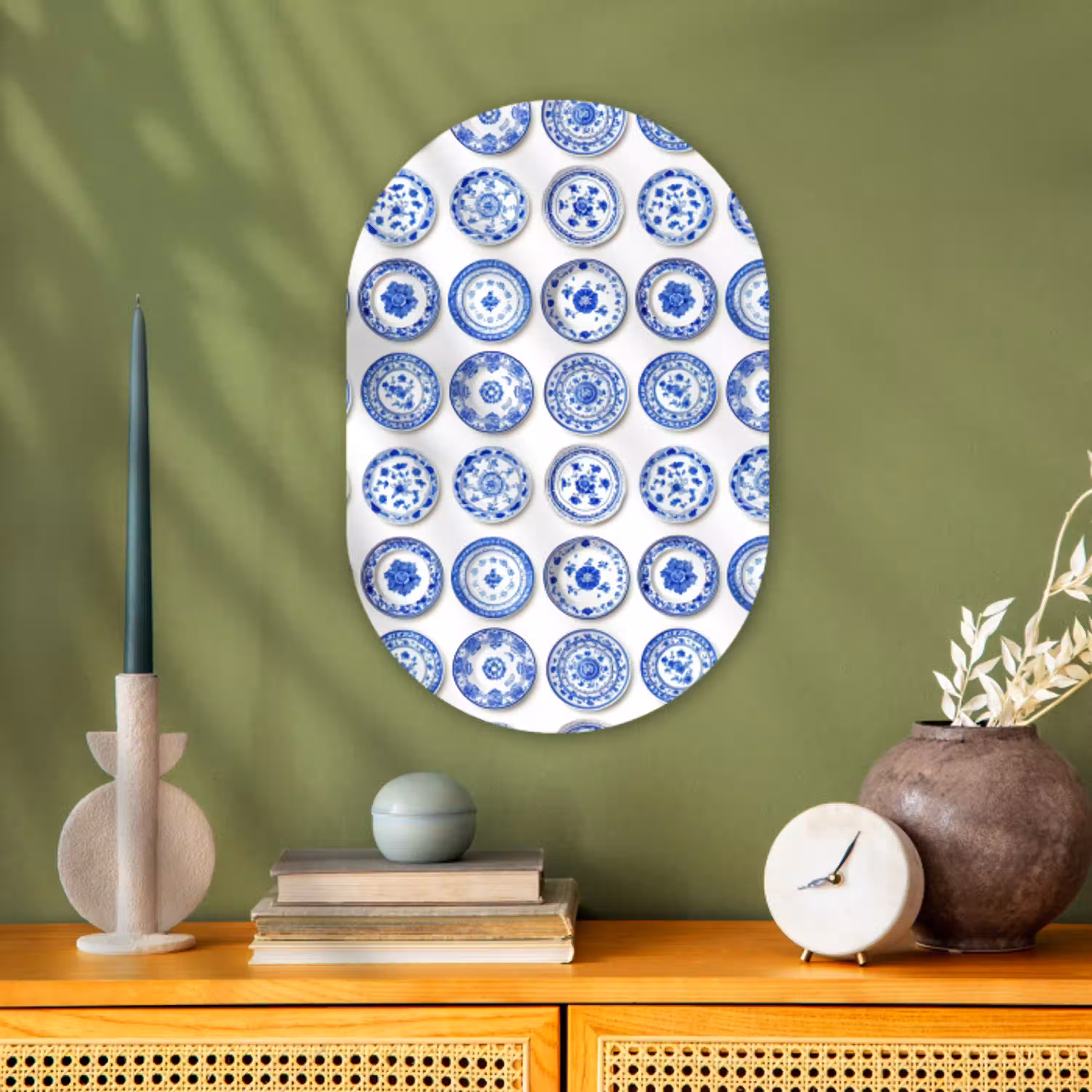 Borden - Bloemen - Patroon - Blauw Wandcirkel Ovaal Forex klein 630 -sfeer2