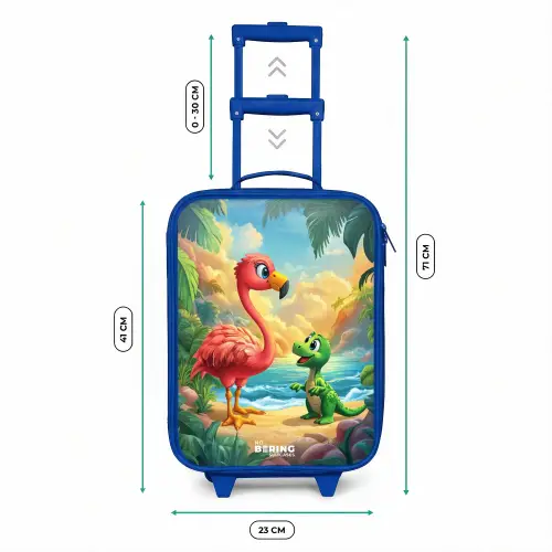 Flamingo en dinosaurus op strand bij ondergaande zon Kinderkoffer - Blauw klein -productfoto_formaten