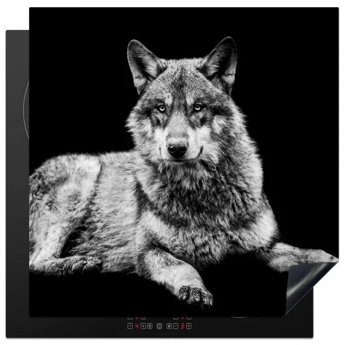 Wilde dieren - Wolf - Zwart - Wit Inductie beschermer vinyl 3mm middel -3d
