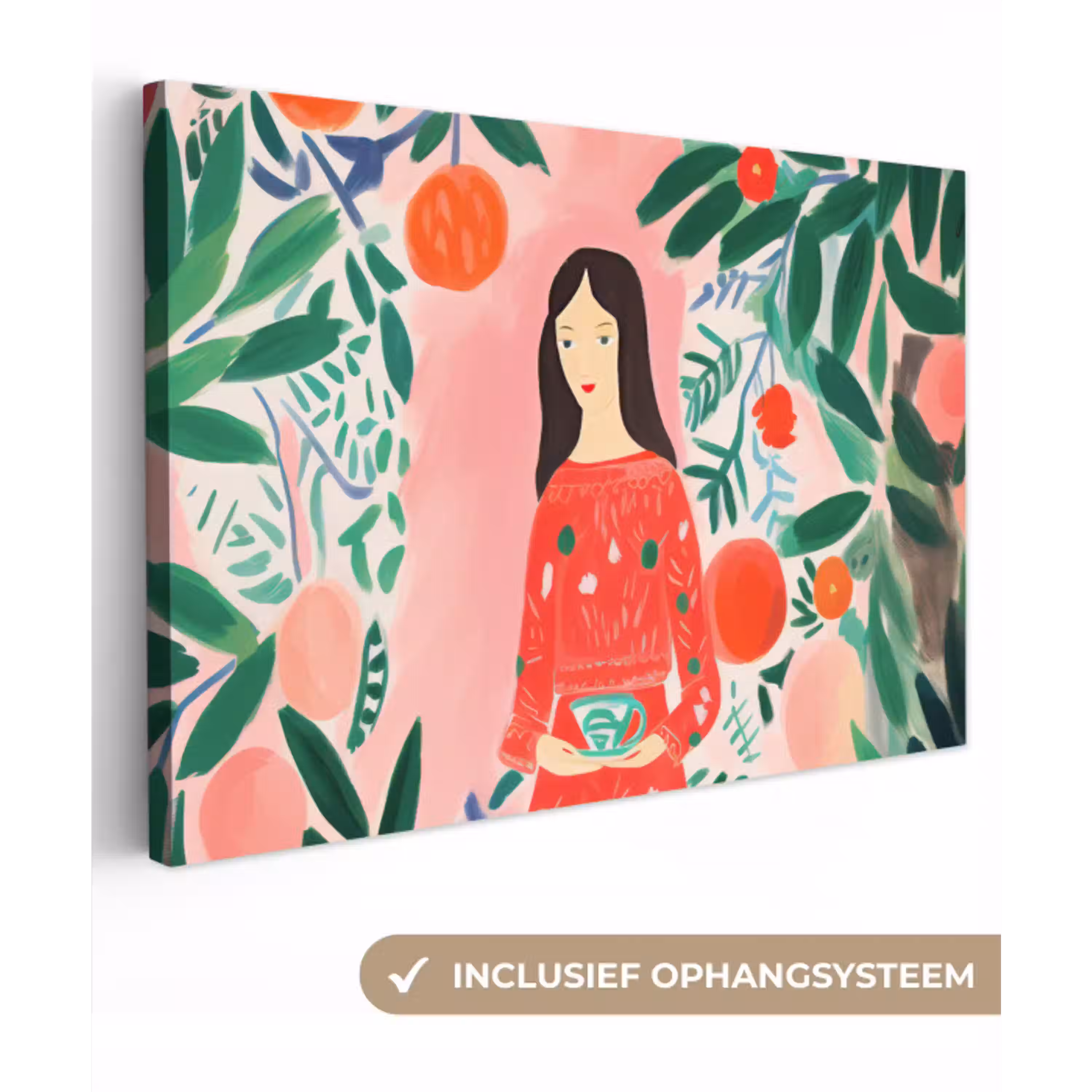 Kerstmis - Vrouw - Planten - Groen - Rood canvas 2cm klein -3d